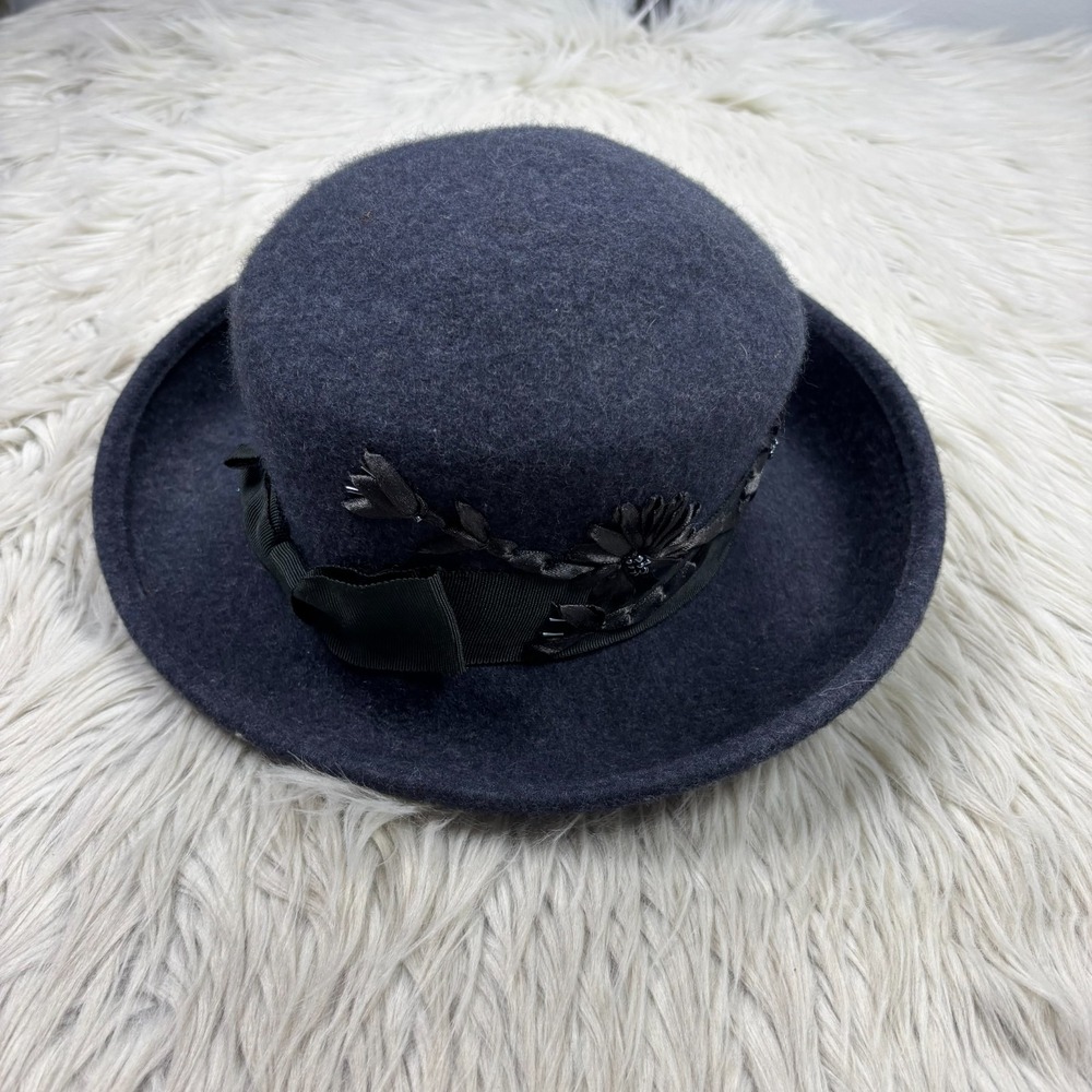 Vintage Banash Women's Cloche Navy Wool Hat Boston Floral Bow Trim Retro Flapper